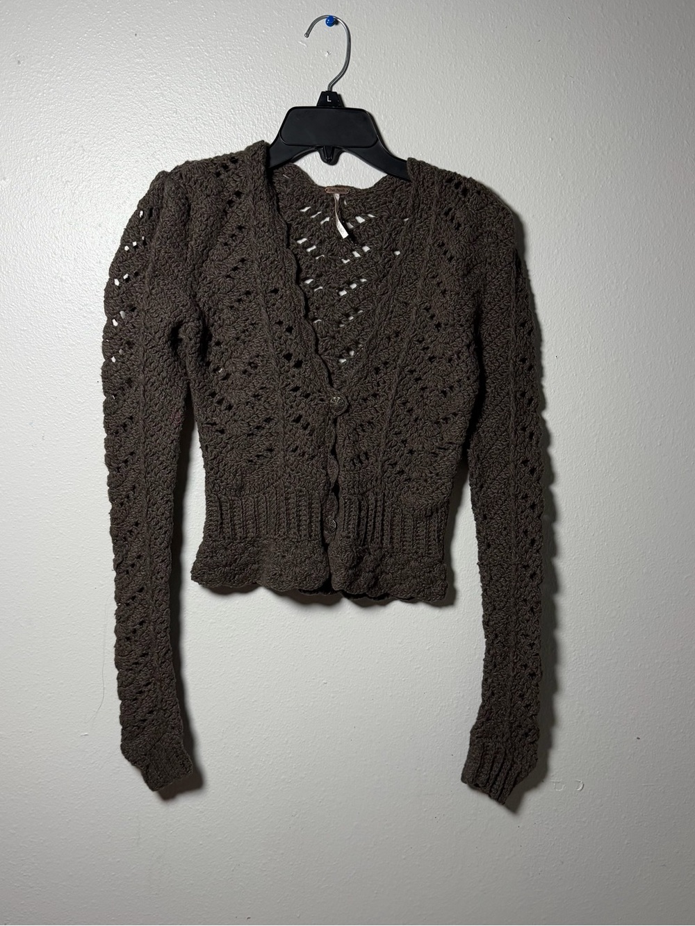 Free People Women Brown Crochet Open V‑Neck Button Cardigan Sweater Cropped S